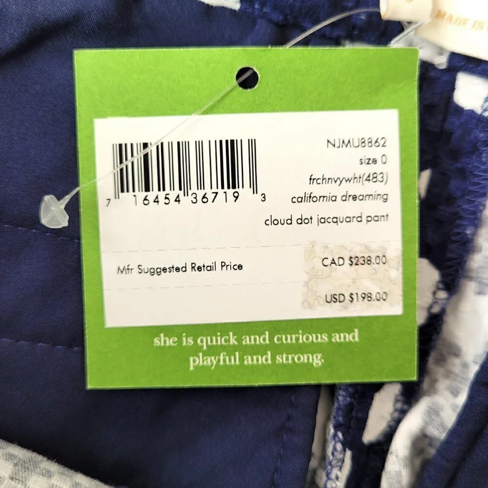 NWT Kate Spade Blue Jacquard Cloud Polka Dot High Waisted Cropped Pants